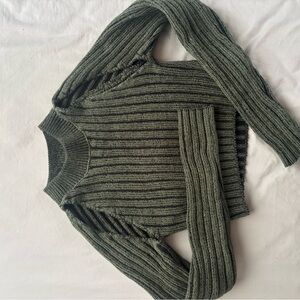 Ribbed Crop Crewneck Sweater - Olive Green